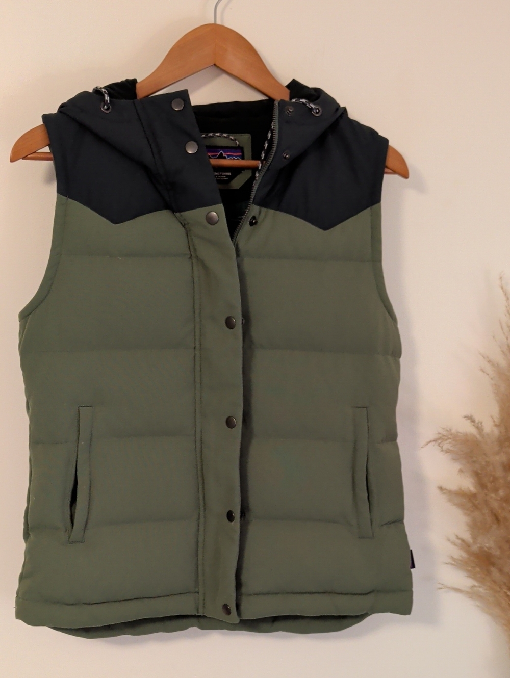 Patagonia Quilted Hooded Vest in Olive and Black